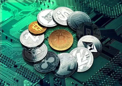 Huge Stack Of Cryptocurrencies With A Golden Bitcoin In The Midd