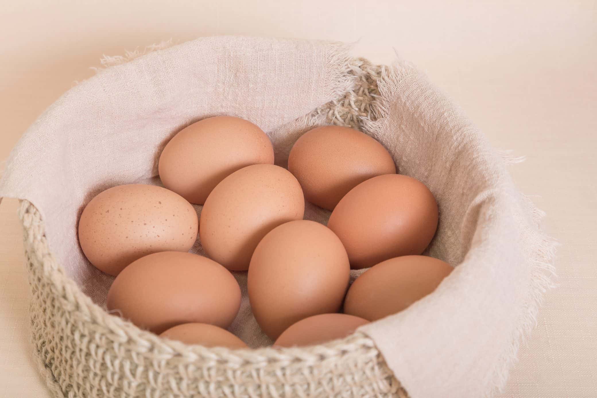 Chicken Eggs In A Basket. Healthy Food Concept. Source Of Vitami