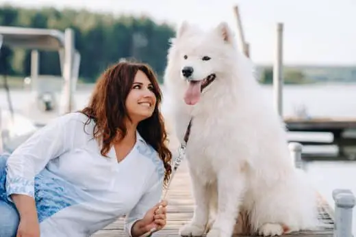 A Happy Woman With A Big White Dog Lies On A Pier Near The Sea At Sunset