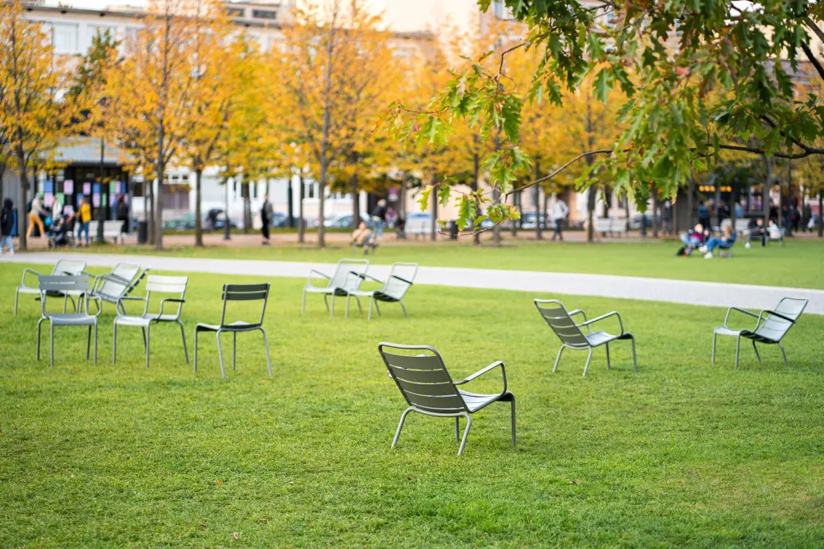 Green Iron Chairs On Green Lawn In Empty Public Sp 2021 09 04 08 21 47 Utc