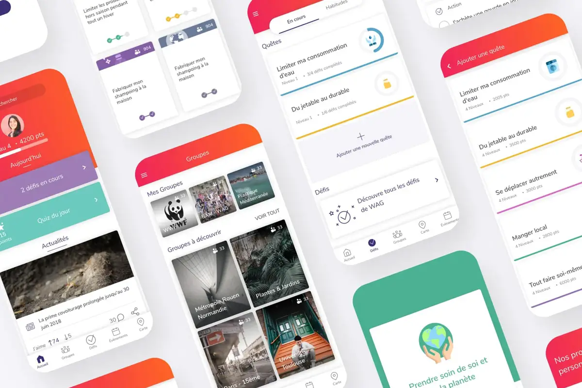 Illustration d'un smartphone avec des icônes d'applications liées à la réduction de l'empreinte carbone.