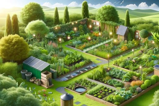 Illustration d'un jardin écologique avec des plantes et des légumes cultivés de manière durable.