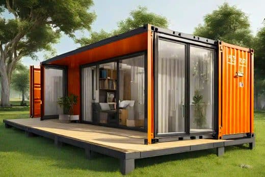 Une maison préfabriquée moderne avec un design élégant et des grandes fenêtres.