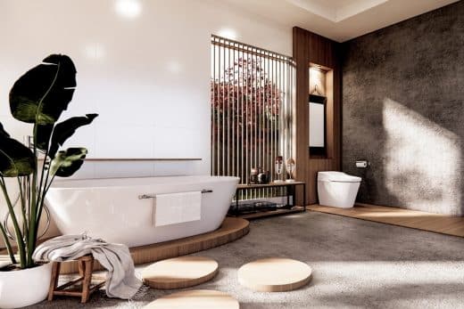 Salle de bains moderne avec une ambiance zen et apaisante.