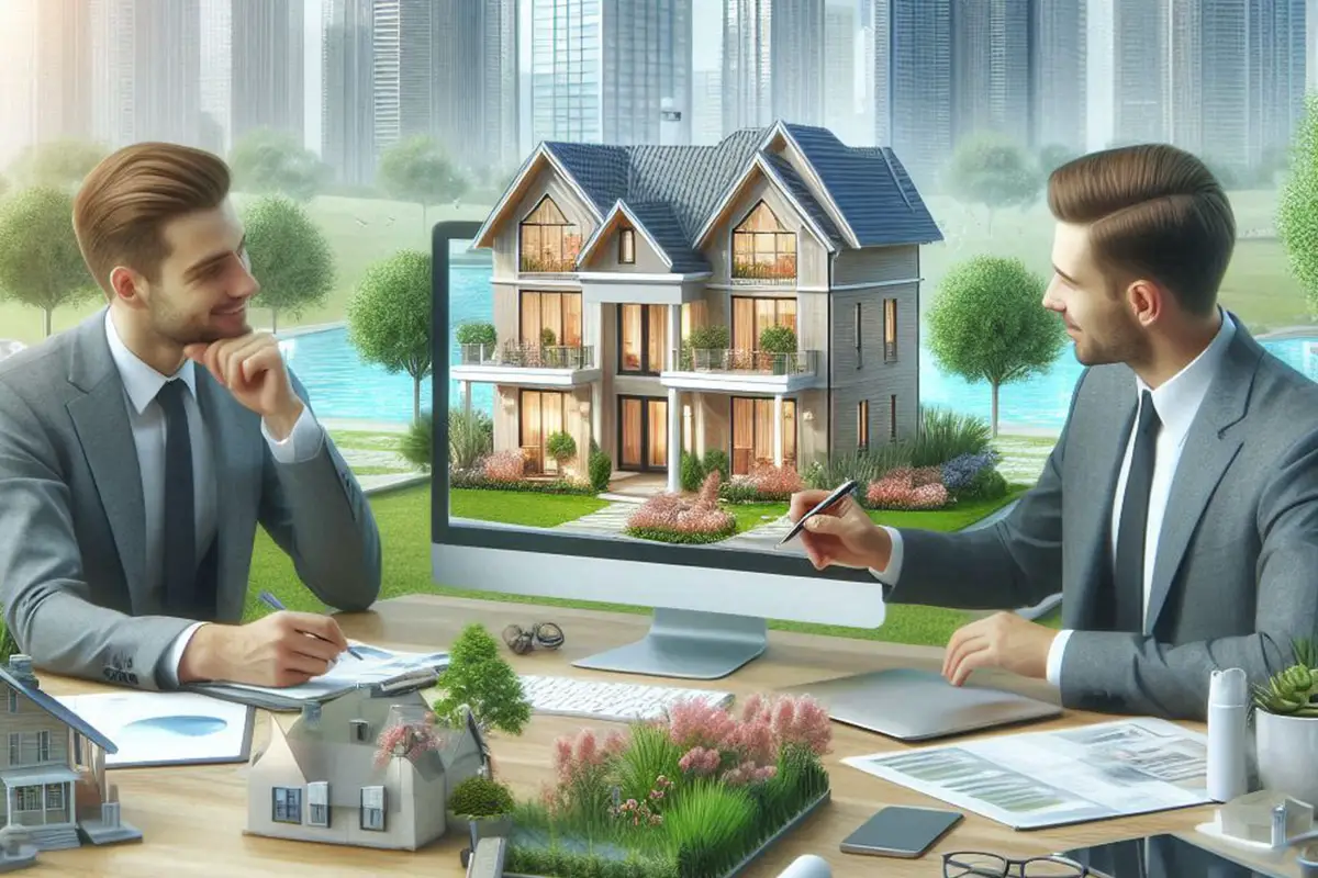 Deux hommes en costume discutent d'un projet immobilier sur un écran d'ordinateur.