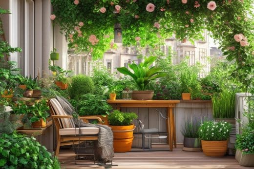 Balcon transformé en petit jardin luxuriant avec des plantes et des fleurs.