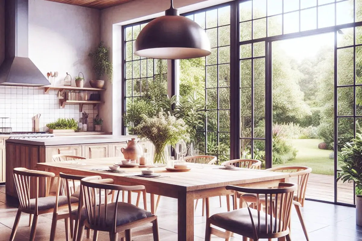 Coin repas convivial dans une cuisine ouverte avec vue sur jardin.