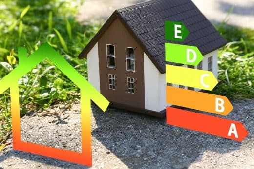 Modèle de maison avec une étiquette d'efficacité énergétique colorée.