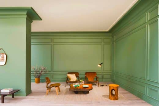 Salon moderne avec des murs verts et des meubles en bois.