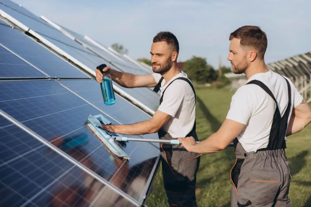 Labor Working On Cleaning Solar Panel At Solar Power Plant, Prof