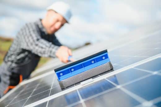 Technician Operating And Cleaning Solar Panels At Generating Power Of Solar Power Plant; Technician In Industry Uniform On Level Of Job Description At Industrial