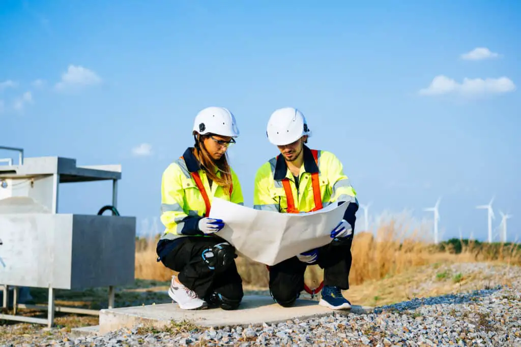 Technicians Team With Safety Uniform Working At Wind Turbine Field